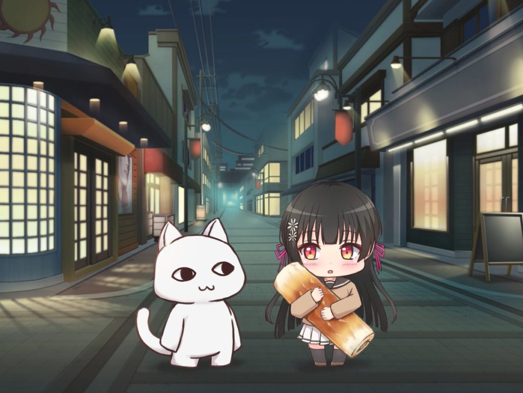 ちくわを持った女の子とそれを見つめるネコ