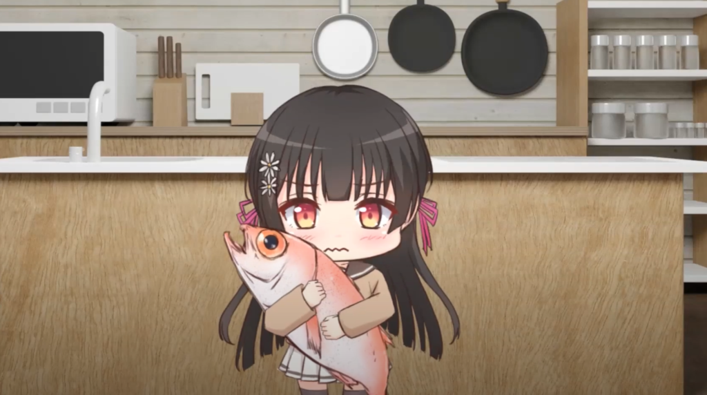 ぴちぴち跳ねる魚を持っているセーラー服の女の子