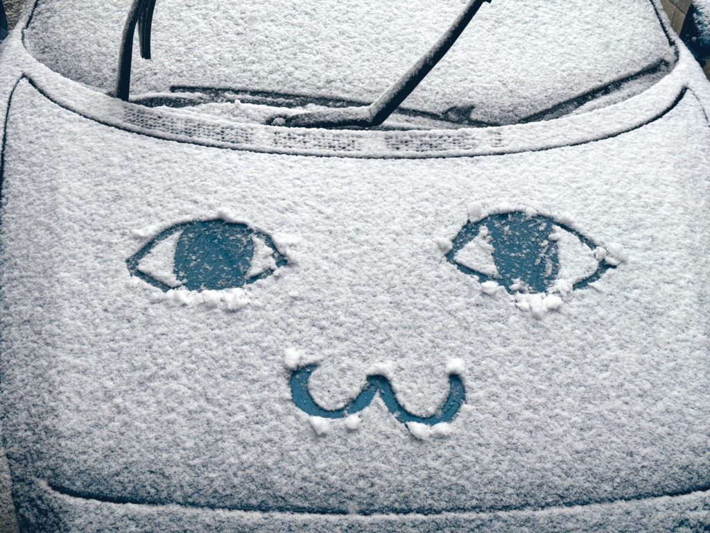 車に積もった雪に描いたらくがき